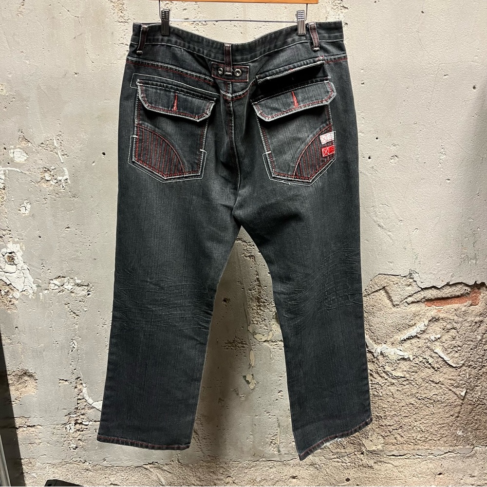 Attitude Gold Embroidered Washed Black Relaxed Fit Y2K Jeans 42x32 Skater 90s 42